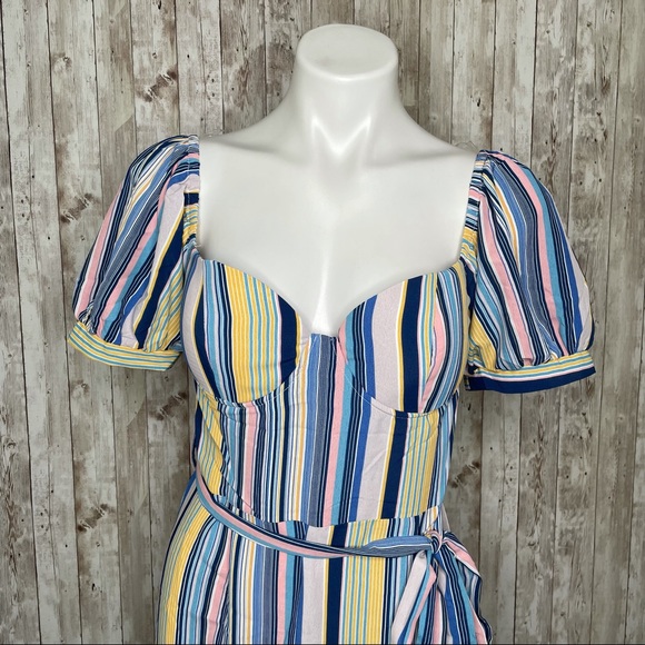 Shop 17 Wrap Tie Waist Dress Striped Ruffled Colorful Mini Summer Dress Size L - Picture 3 of 11